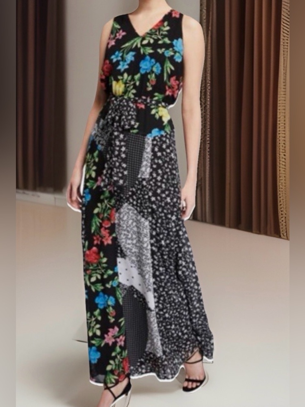NwoT CALVIN KLEIN Patchwork Floral-Mixed Print Maxi Dress w/Fabric Sash-M-EC